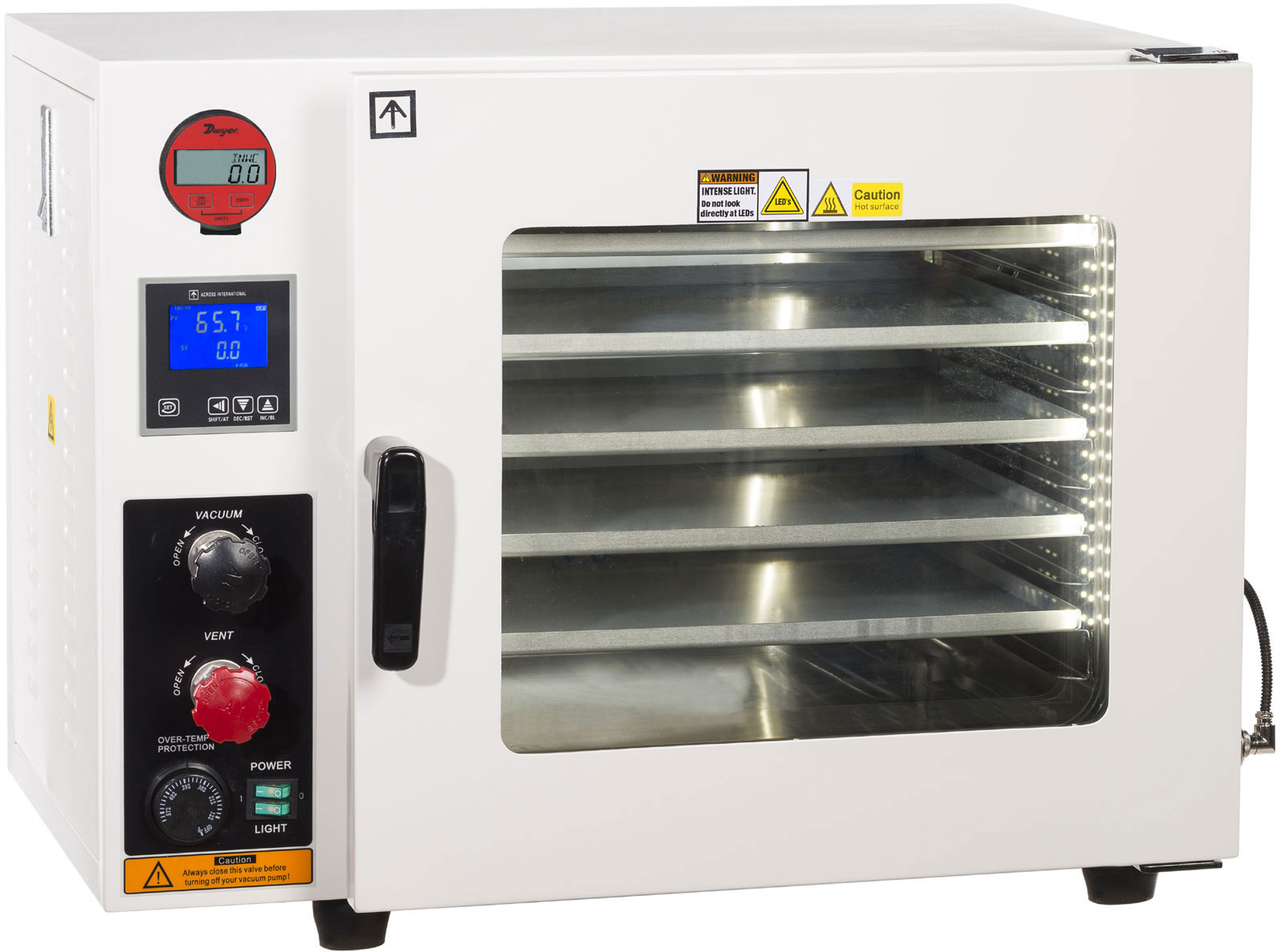 Across International AT19P7 Stainless Steel 5-Sided 1.9 cu ft Oil-Filled Gauge Vacuum Oven with Tubing/Valves LED Light and 7 cfm Compact Vacuum Pump 