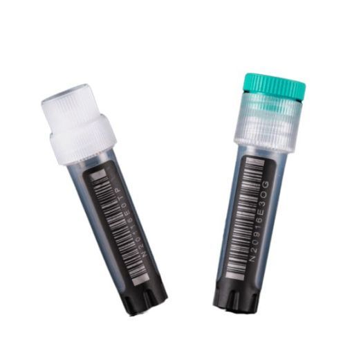 NEST Cryovials 2D barcode on bottom, and 1D barcode on side - Racked packaging